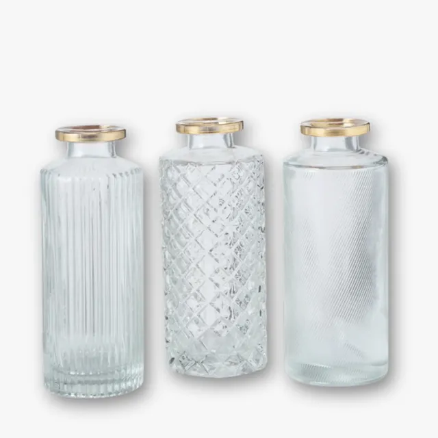 eventzauber-vasen-flaschenvasen-3er-set-goldrand-klar-13cm-mieten image 1