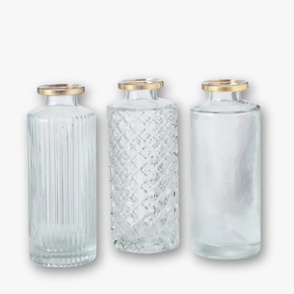 eventzauber-vasen-flaschenvasen-3er-set-goldrand-klar-13cm-mieten image 1